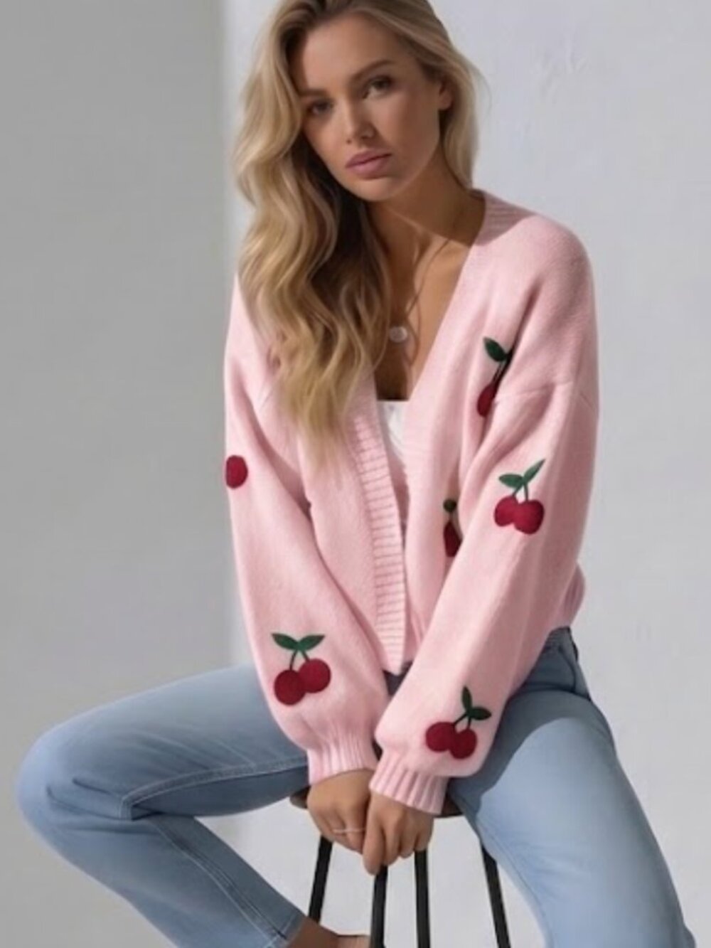 Cherry Embroidery Lantern Sleeve Cardigan Pink